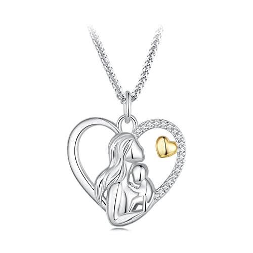 Qings Collar Madre e Hija/Hijo Plata de Ley 925 Colgante de Corazón Collar de Mamá Abrazar Bebé, Regalo de Joyería del Dia de la Madre Cumpleaños para Mujer Mamá Abuela Esposa