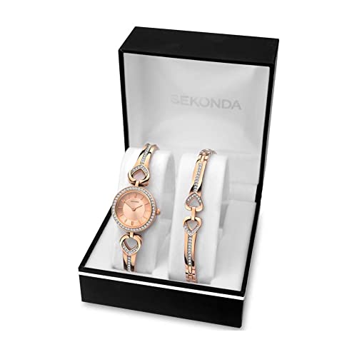 Sekonda Womens 26mm Classic Analogue Rose Gold Stone Set Bezel Watch with Heart Shaped Bracelet Gift Set