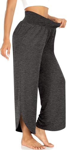 Image of TARSE Women's Wide Leg Yoga Pants Cross High Waist Flowy Split with Pockets | Comfy Lightweight Stretch, Flare Hem Cropped, Loose Dance Pants, Travel & Lounge, Everyday Casual Wear