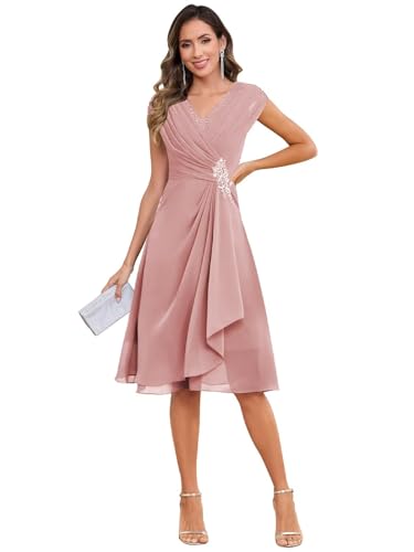 Short Mother of The Bride Dresses for Women Chiffon Ruffle Cap Sleeve Formal Wedding Guest Dress4