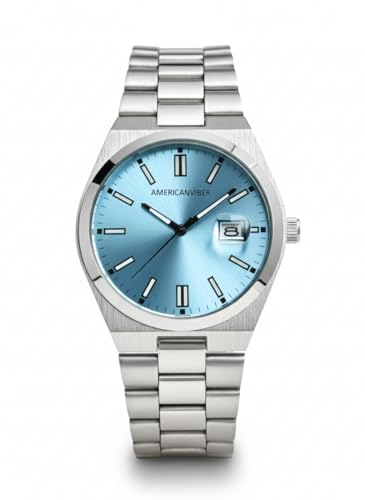 Image of AMERICANVIBER Men's Silver Stainless Steel Watch, Vibrant Green Sunburst Dial, Quartz Analog Movement, Date Display, Faceted Bezel for Men