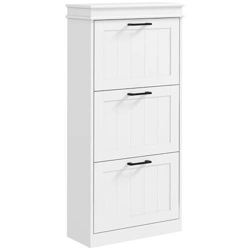 HOMCOM Zapatero Estrecho de 24 cm con 3 Puertas Abatibles, Mueble Zapatero Entrada Recibidor, Estantes Ajustables, para 15 Pares de Zapatos, para Pasillo, Espacios Reducidos, Blanco
