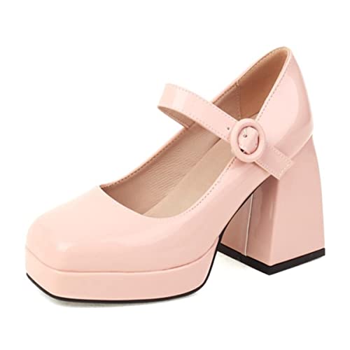 Mary Jane Shoes Women Square Toe High Heel Platform Pumps Patent Leather Punk Ankle Buckle Dress Shoes (Color : Pink, Size : 6.5-7 US)