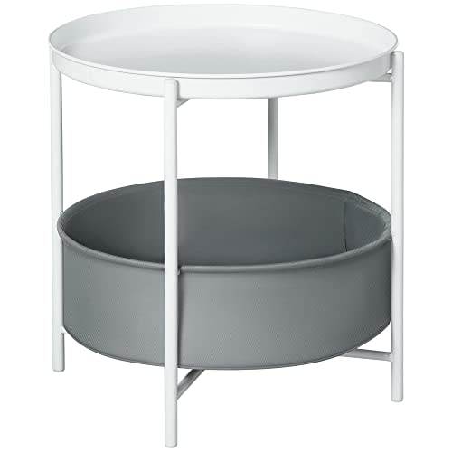 HOMCOM Mesa Auxiliar Mesita de sofá con Bandeja y Cesta Extraíble Mesita de Noche Redonda con Marco de Acero para Dormitorio Oficina 46x46x48 cm Blanco