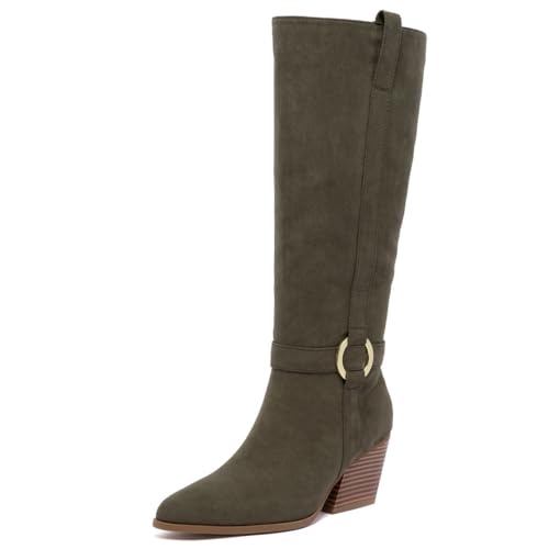 Sugar Women’s Cowgirl Riding Boots – Tall Pebbled Knee-High Boots with Decorative Straps and Side Zipper - Chatter Olive Soft Size 9