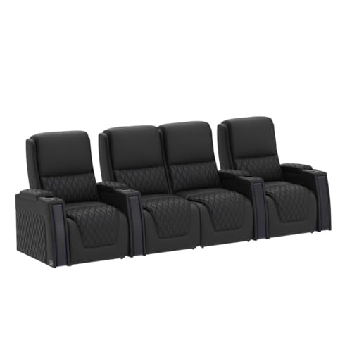 Image of Seatcraft Apex Black Italian Leather Home Theater Seating, Zero Gravity Power Recliner Chair, Powered Headrest and Lumbar Gaming and Lounge Sofa Furniture for Cinema Room, Row of 4 Middle Loveseats
