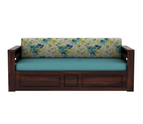 Image of Mamta Furniture Sheesham Wood Foster 3 Seater Sofa Cum Bed for Living Room Three Seater Sofa Bed for Home Sofa Com Bed Sheesham Wood |(Walnut Teal Aqua Marine)