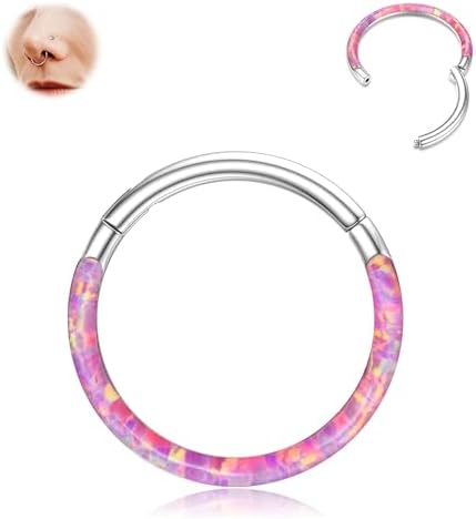 BodyBonita Hinged Opal Nose Rings Hoops - 16G/18G/20G 316L Surgical Steel Hinged Hoop Nose Rings for Women Septum Rings Conch Piercing Jewelry Helix Daith Cartilage Earrings Purple/Pink/Blue/White