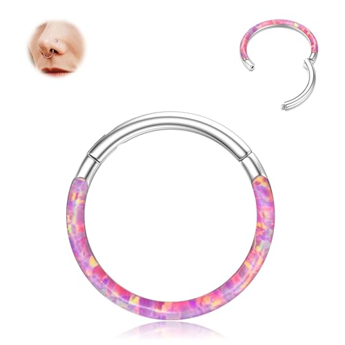 BodyBonita ヒンジ付きオパールノーズリングフープ - 16G/18G/20G 316L サージカルスチール ヒンジフープ ノーズリング セプタムリング コンク ヘリックス ダイス ピアス ジュエリー パープル/ピンク/ブルー/ホワイト 10mm/8mm シルバー/金メッキ