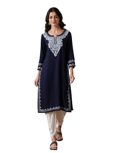 Image of QAZMI Women's Aari Embroidered Viscose Rayon 3 /4 Sleeves Keyhole Neck Straight Kurta