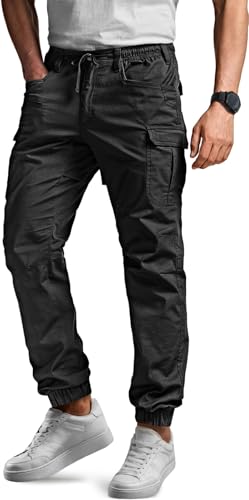 CQR Men's Flex Lightweight Joggers, Elastic Waist Drawstring Casual Pants, Tapered Fit Water Resistant Outdoor Cargo Pants, Squad Black, 40W x 32L