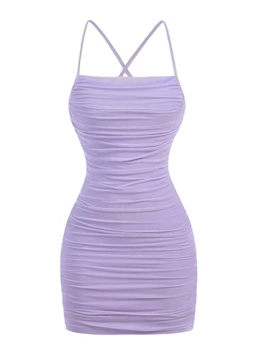 Verdusa Girl's Criss Cross Backless Cami Dress Sleeveless Ruched Mesh Bodycon Short Dresses