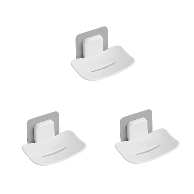 Wall Mounted Soap Dish Holder with Drainage, Self-Adhesive, Multicolour, Rectangular, Plastic, 15x10 cm, Pack of 3