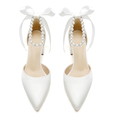 Women Block Pointed Toe Low Chunky Heels with Pearls Pumps Satin Bridal Shoes Evening Party Dress Shoes4