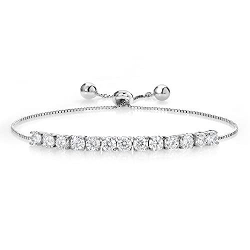 Gem Stone King 3.00 Cttw Moissanite Tennis Bracelet For Women | Round 4MM | Adjustable Bolo Bracelet For Women | Easy-On Easy-Off