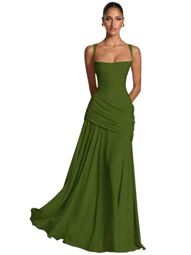 KNCERY Womens Olive Green Formal Evening Gowns Square Neck Ruched Maxi Prom Dress Sleeveless Bridesmaid Dress for Wedding Size2