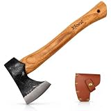 Xforst Ascia Accetta vichinga, scure da sopravvivenza con fodero in pelle – Acciaio al carbonio forgiato, affilata, manico in legno di noce americano, modello X-TA5B