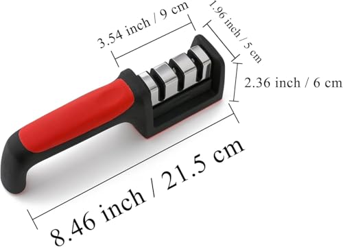 Image of Longzon Manual 3 Stage Knife Sharpener for Kitchen, Knife Sharpener Rod, Knives Sharpening Tool for Steel Knives (Red Black)