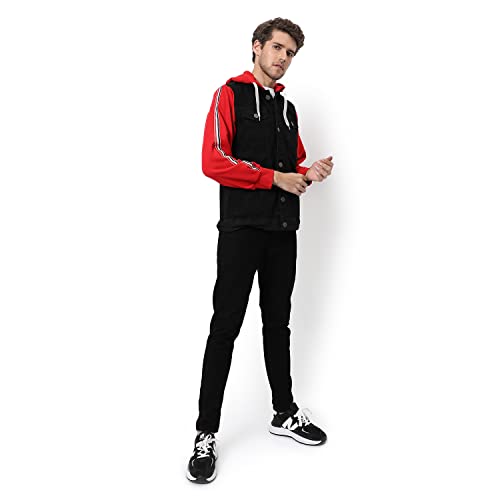 Image of Campus Sutra Men's Dark-Washed Black & Red Regular Fit Denim Jacket | Hooded Collar | Full Sleeve | Buttoned | Casual Western Stylish Winter Wear for Men