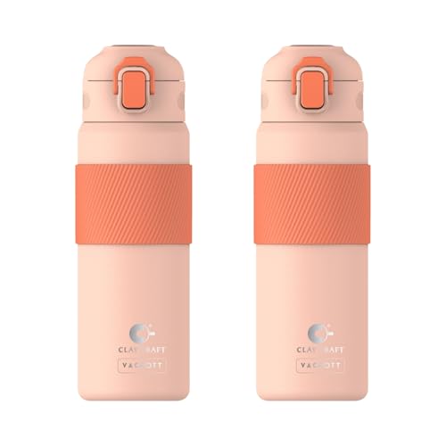 Image of Clay Craft VACBOTT Amber Double Walled 18 Hours Hot and 24 Hours Cold Water Bottle-700ML, 2-Piece(Peach) Leak Proof|Easy to Carry|Gym Bottle|Home|Kitchen|Hiking|Travel Bottle|BIS Certified
