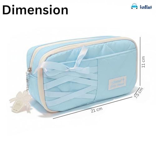 Image of FunBlast Pencil Pouch for Girls - Aesthetic Multi-Compartment Zipper Pouch with Drawstring Pocket, Cute Kawaii Pencil Case, Stylish Stationery Pouch, Return Gift for Kids & School Use (Blueb)