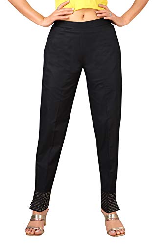 ANIIQ Pantalones Palazzo de lino puro 100% para niñas y mujeres, ropa casual para el hogar, yoga, playa, vacaciones en todas las estaciones con puntadas doradas Zari - Negro - XXL Cover