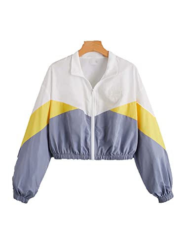 SweatyRocks Women's Long Sleeve Full Zip Cropped Jacket Color Block Windbreaker Coat3