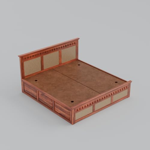 Image of Sheesham Wood King Size Bed with Storage Wooden Double Bed Cot Palang Furniture for Bedroom Living Room Home Hotel (Honey Finish) 1 Year Warranty
