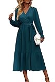 PRETTYGARDEN Women's Floral Boho Dress Fall Long Sleeve Wrap V Neck Ruffle Flowy Maxi Spring Wedding Guest Vacation Dresses (Solid Lake Blue,Small)