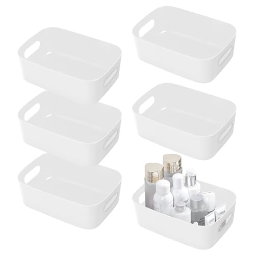 SHEPIN 6 Stück Aufbewahrungsbox Kunststoff Organizer Box Weiß, Organizer Boxen mit Griff, Bad Aufbewahrungsboxen Plastik Aufbewahrungskorb & Behälter Kunststoffkorb für Badezimmer Kosmetik