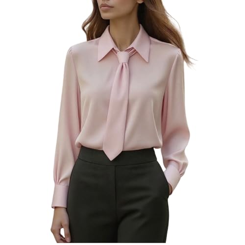 Blusa para mujer, cuello con lazo, cuello y puños, camisas básicas lisas de negocios, blusas de trabajo para oficina, camisas elegantes para salidas casuales elegantes, rosa, M