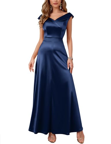 Women's Vintage 1950s V Neck Satin Cocktail Bridesmaid Floor Length Dress