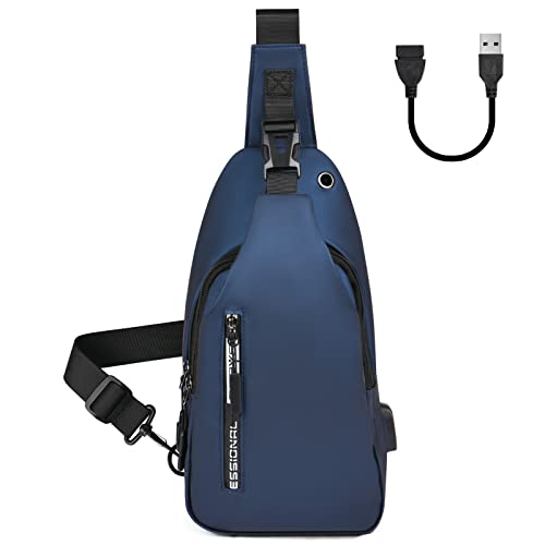 Aucuu Torba na klatkę piersiową, biznesowa torba na ramię, wodoodporna torba na ramię z portem ładowania USB, torba crossbody dla mężczyzn, na podróż, wędrówki, sport, jazdę na rowerze, NIEBIESKI