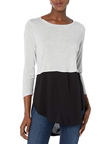 Vince Camuto Women's Three Quarter Sleeve Mix Media Top, Grey Heather, Large
