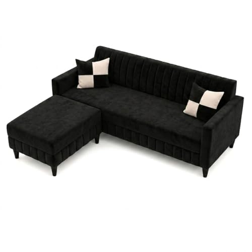 Image of FURNY Gracina 4 Seater L Shape Sofa Set with Movable Ottoman | Flexible Left or Right Layout | Plush Velvet Fabric (Black) | Perfect for Living Room, Guest Room & Office