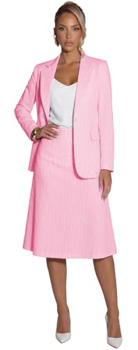 Formal Skirt Sets Women 2 Piece Outfits Pink Seersucker Blazer