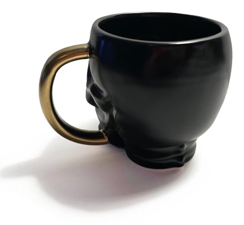 Grande tasse à café en porcelaine avec tête de mort et fantôme souriant noir de 590 ml - Tasse à café fantaisie en forme de crâne sculptée et peinte à la main avec bordure dorée – vue 5