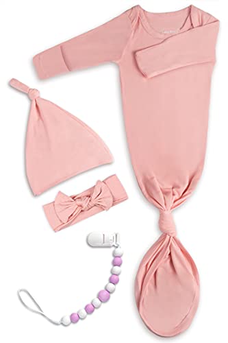 Image of Newborn Baby Knotted Gown, Super Soft Silky Infant Long Sleeve Sleeper with Mittens and Hat & Bowknot Set (Extra Long)