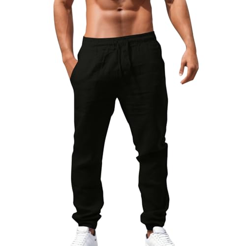 Mens Cotton Linen Casual Pants,2025 Summer New Plain Basic Drawstring Elastic Waist High Waist Loose Fit Straight Wide Leg Pjs Bottoms with Pockets Athletic Beach Vacation Outfits for Men
