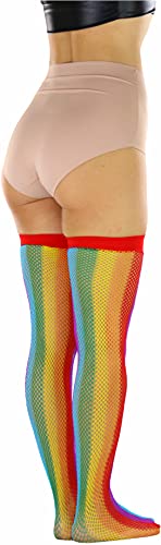 Image of ToBeInStyle Women's Rainbow Bright Multicolor Nylon Thigh High Stockings
