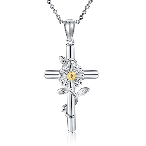 Flower Cross Necklace 925 Sterling Silver Carnation/Rose/Lily/Daisy Cross Necklace Birth Flower Jewelry for Women1