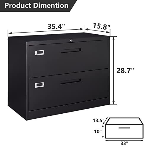 Lissimo Lateral File Cabinet, 2 Drawer Metal Filing Cabinet With Lock, Home Office Storage For A4, Letter Size, Hanging File Folders(Black) #TOP2