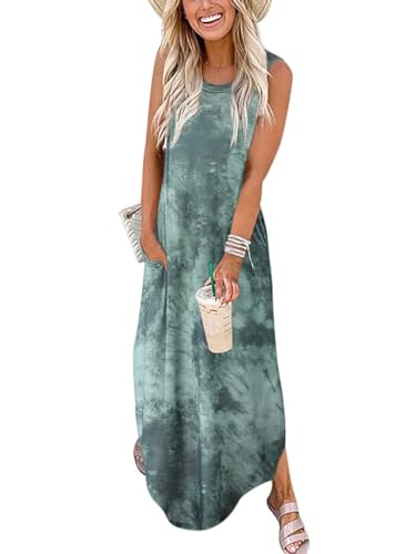 Cuptacc Damen Kleider Sommer Sommerkleid Ärmellos Lang Tie Dye Strandkleid mit Taschen Tie-Dye Dunkelgrün,Groß L 42-44