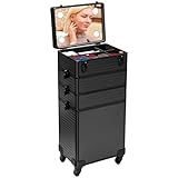 VIVOHOME 4 in 1 Makeup Rolling Train Case with Mirror of LED Lighted 3 Color Setting, Professional Cosmetology Trolley with 4 Keys Black(Cosmetic are not included)