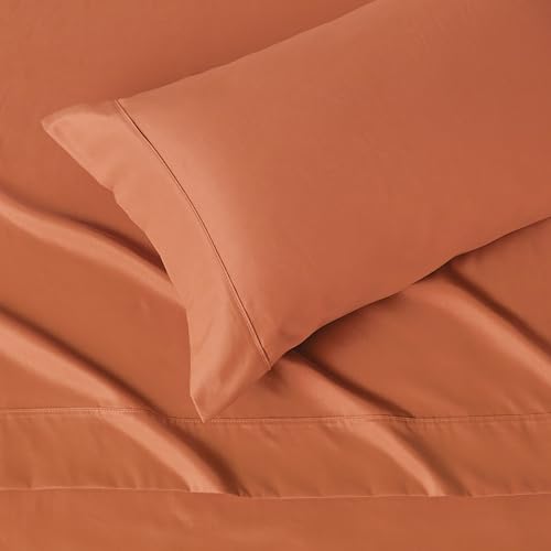 Image of Amazon Basics Lightweight Super Soft Easy Care Wrinkle Free Microfiber 3-Piece Bed Sheet Set with 14-Inch Deep Pockets, Twin, Brick, Solid