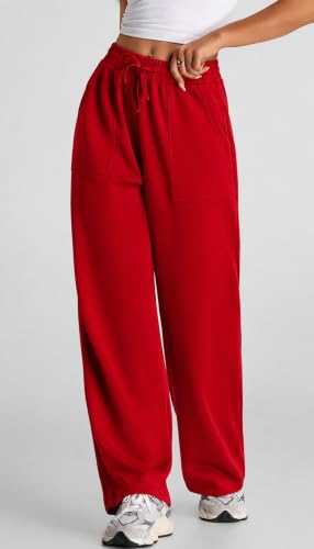 Image of Q - RIOUS Women's Wide Leg High Waisted Baggy Lounge Sweat Pants Drawstring Athletic Flared Joggers with Pockets