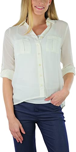 Tobeinstyle Women's Lightweight Button-Down Shirt With Decorative Pockets - Ivory - L #TOP3