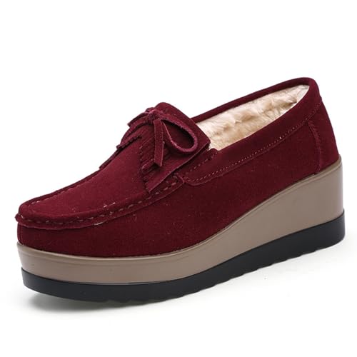 Image of Women's Tassel Suede Plush Wedge Shaped Sports Shoes Fashion Thick Sole Arched Casual Loafers Velvet Tassel Bow Wedge Casual Shoes