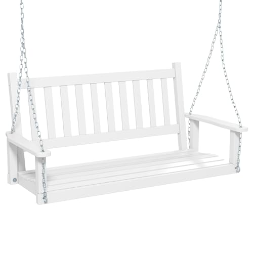 KOMFOTTEU Columpio de Madera de Álamo de 2 3 Plazas, Banco Colgante con Cadenas Ajustables de Metal, Silla Hamaca con Respaldo de Listones, Asiento Suspendido de Jardín (Blanco, 136 x 67 x 63 cm)