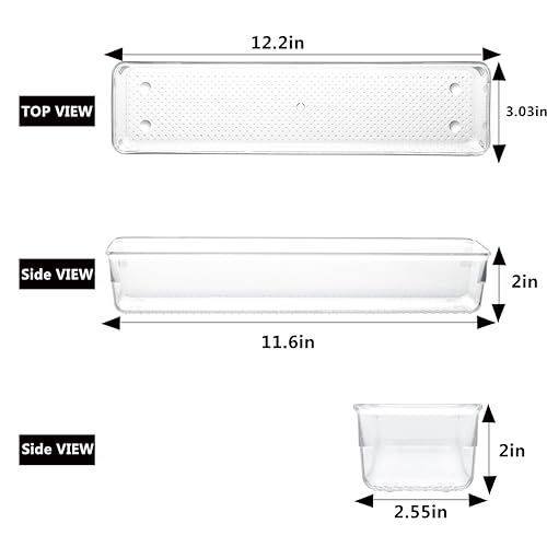 Image of ihomecooker 6 Set Clear Plastic Junk Drawer Organizer Vanity Curlery Utensil Makeups Organizer for Kitchen 12'' X 3''